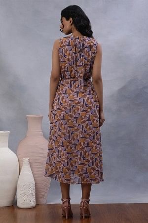 Multi-Coloured Abstract Printed Sleeveless Gathered Dress