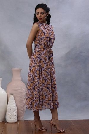 Multi-Coloured Abstract Printed Sleeveless Gathered Dress