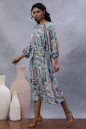 Multi-Coloured Abstract Printed A-Line Dress