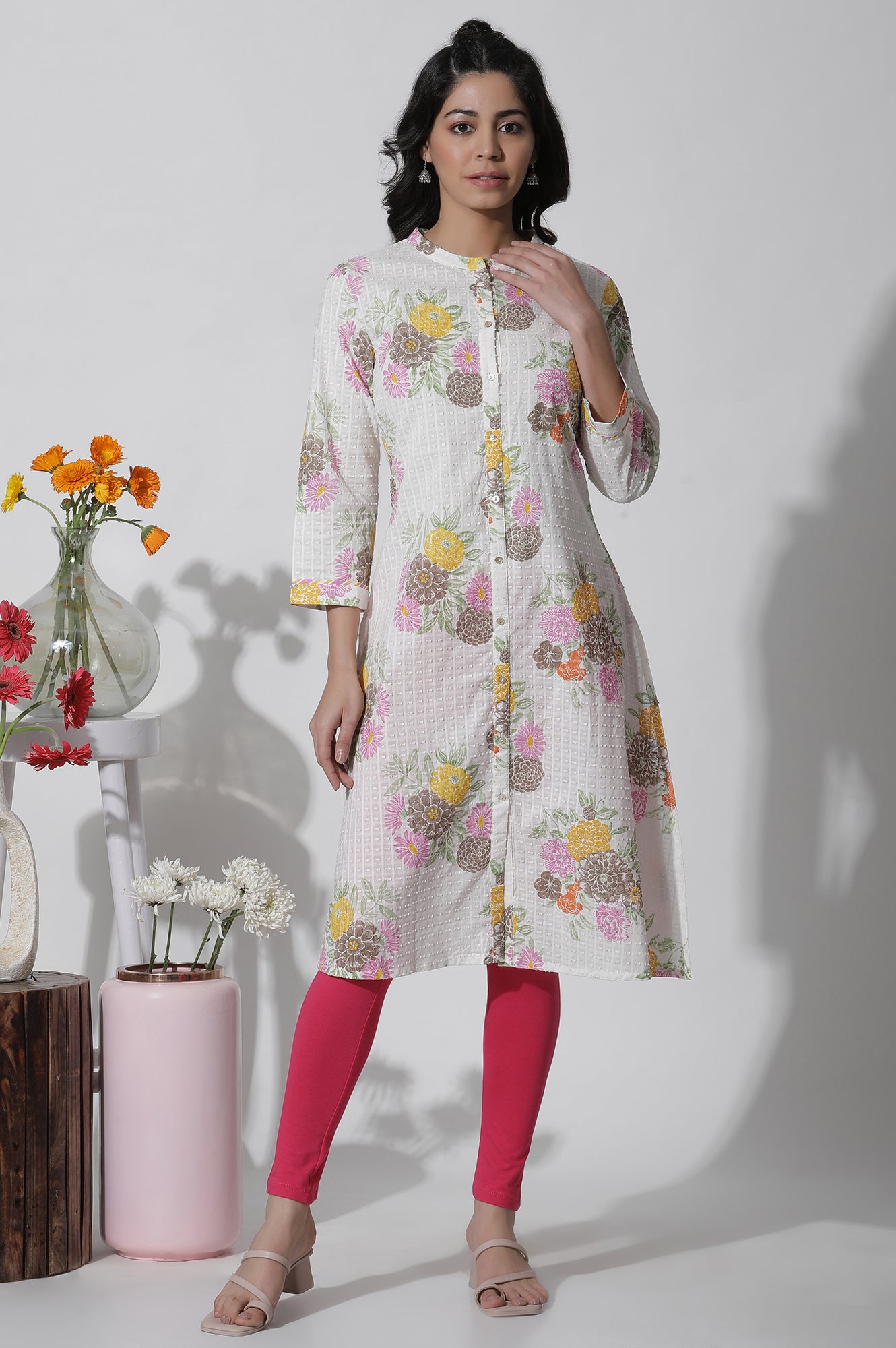 White Floral Printed Button Down Cotton Kurta