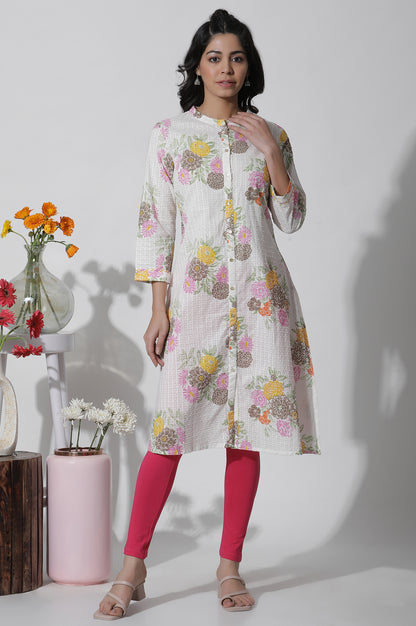 White Floral Printed Button Down Cotton Kurta