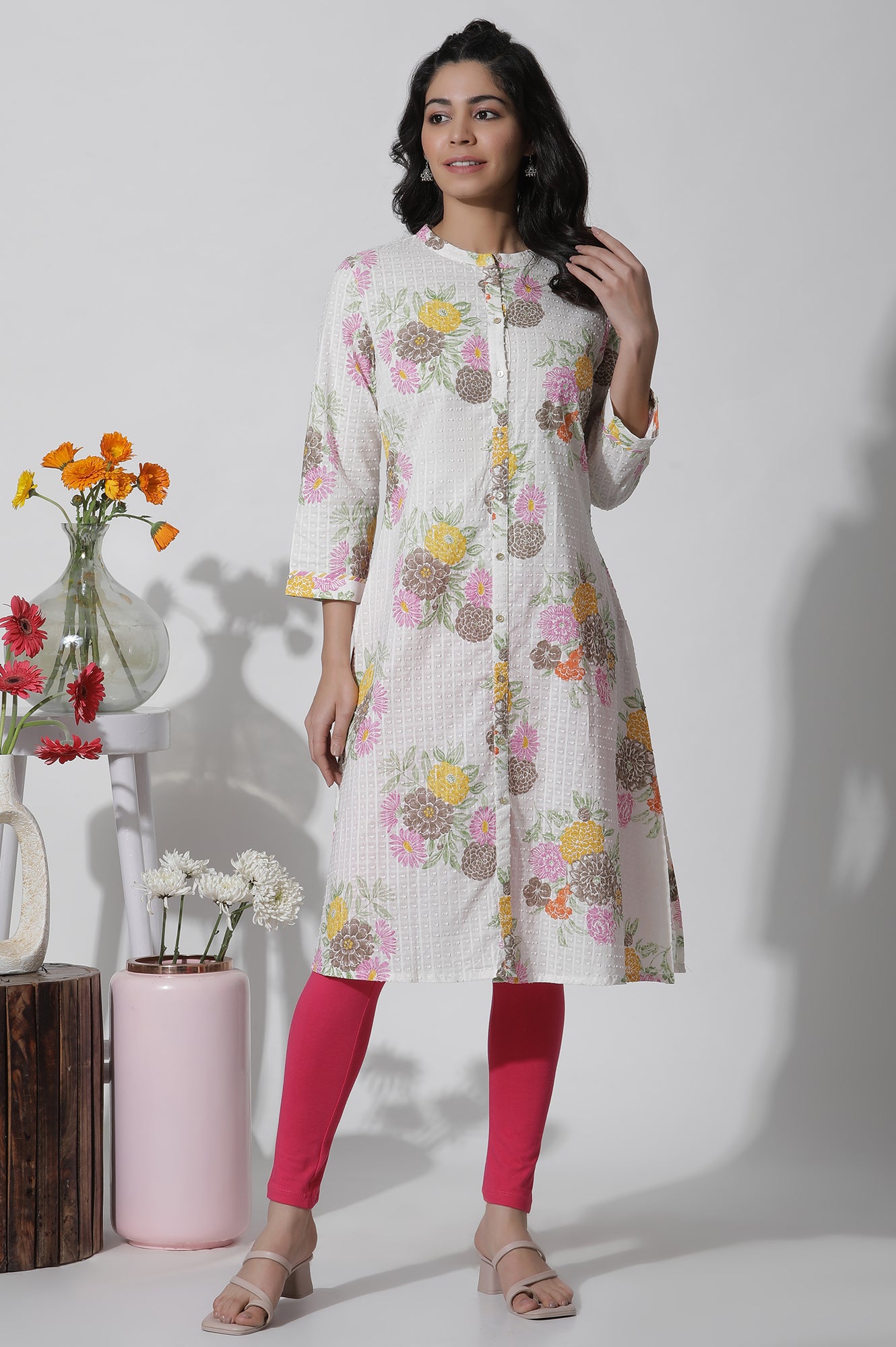 White Floral Printed Button Down Cotton Kurta