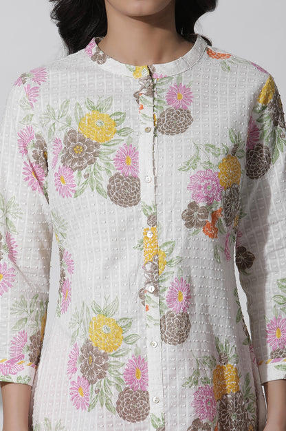 White Floral Printed Button Down Cotton Kurta