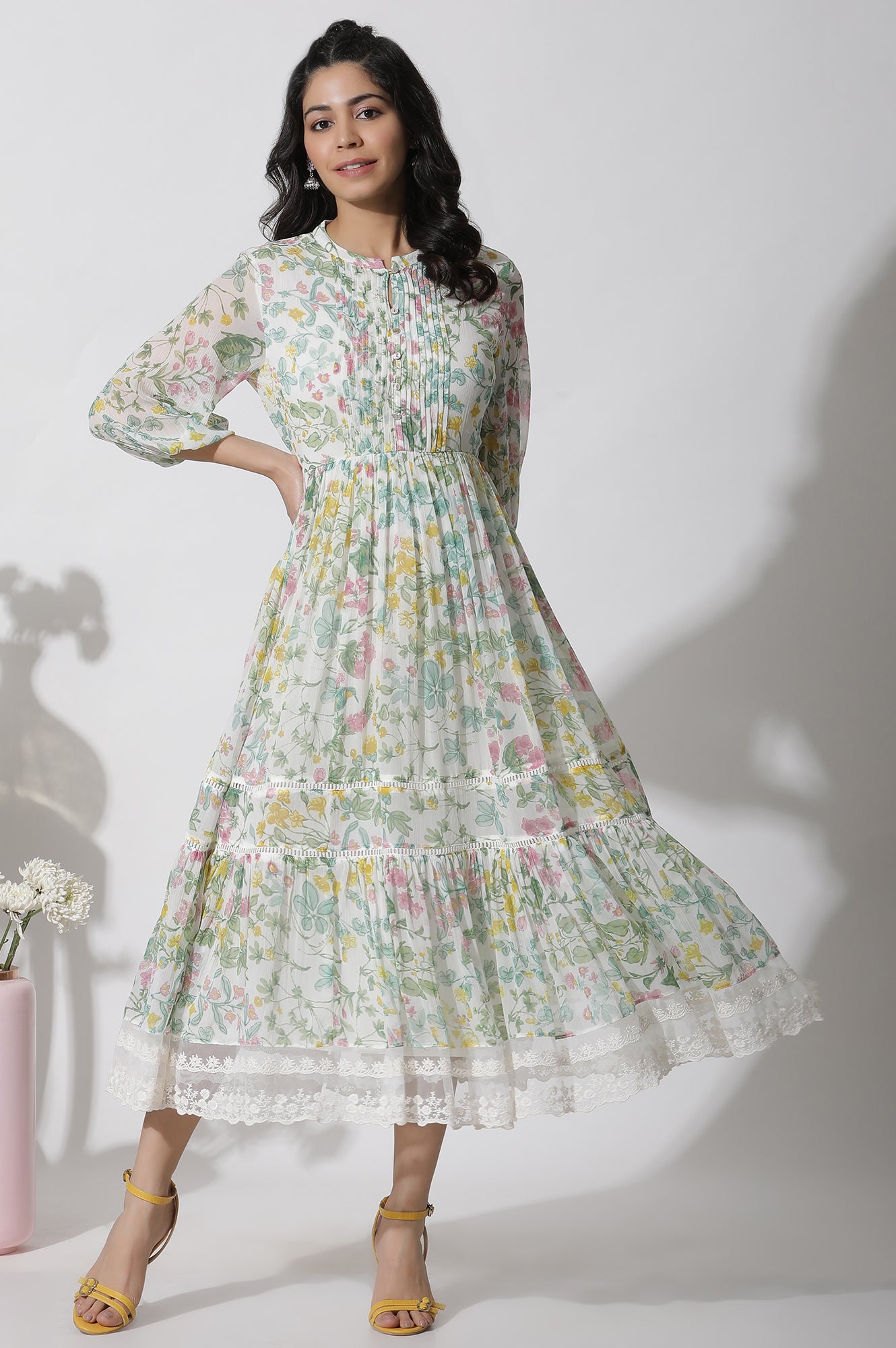 White Floral Printed Chiffon Tiered Dress XS