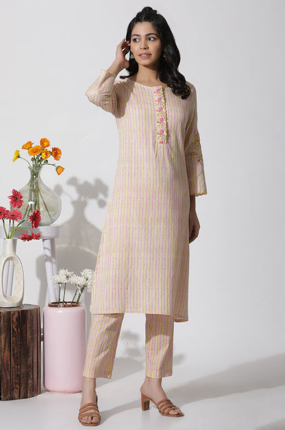 Yellow Striped Embroidered Kurta