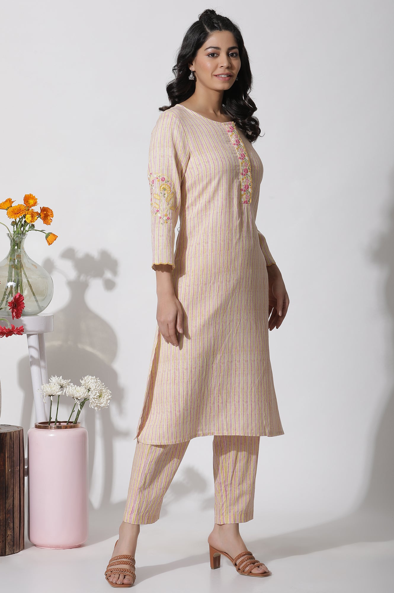 Yellow Striped Embroidered Kurta