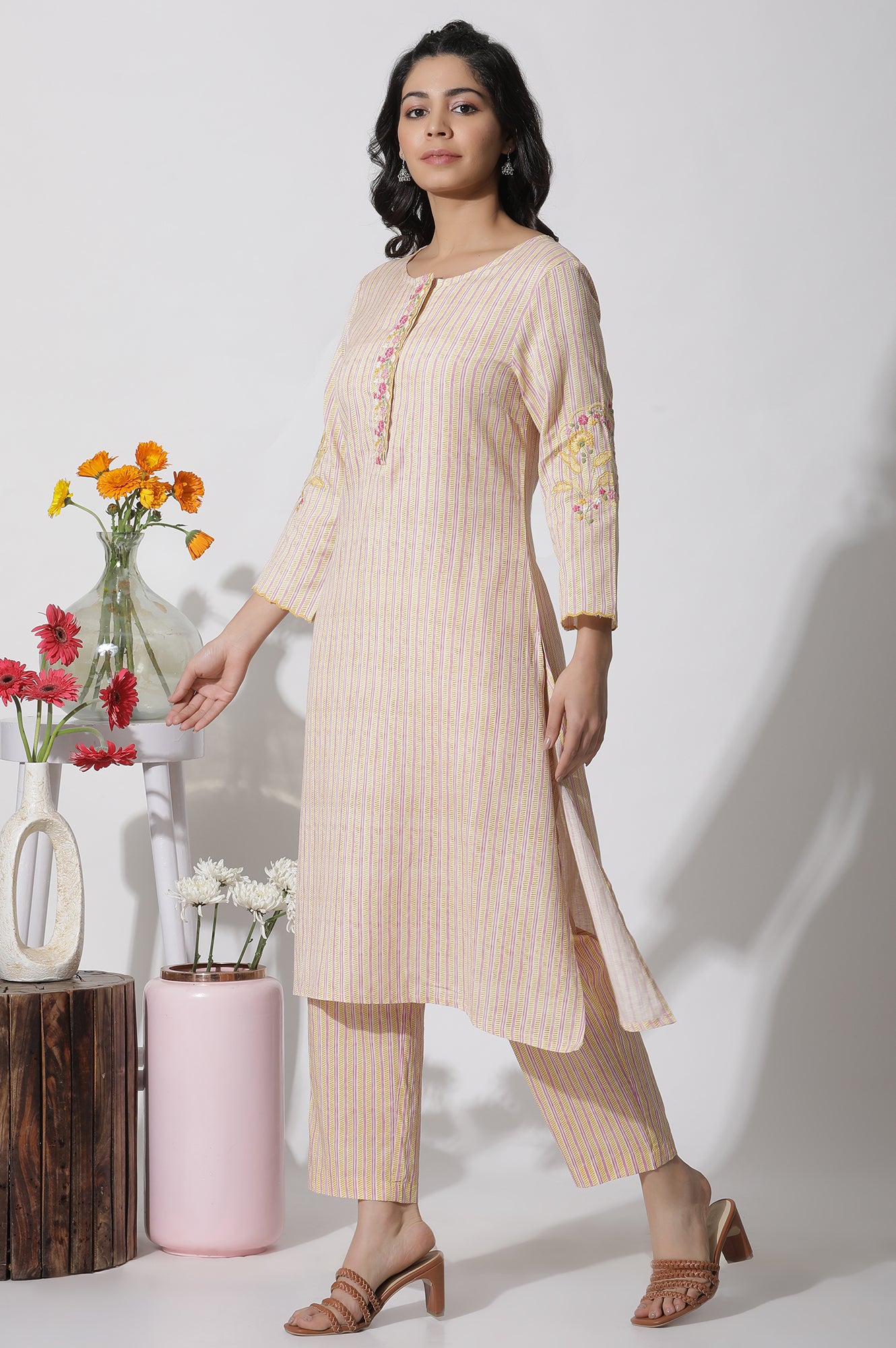 Yellow Striped Embroidered Kurta