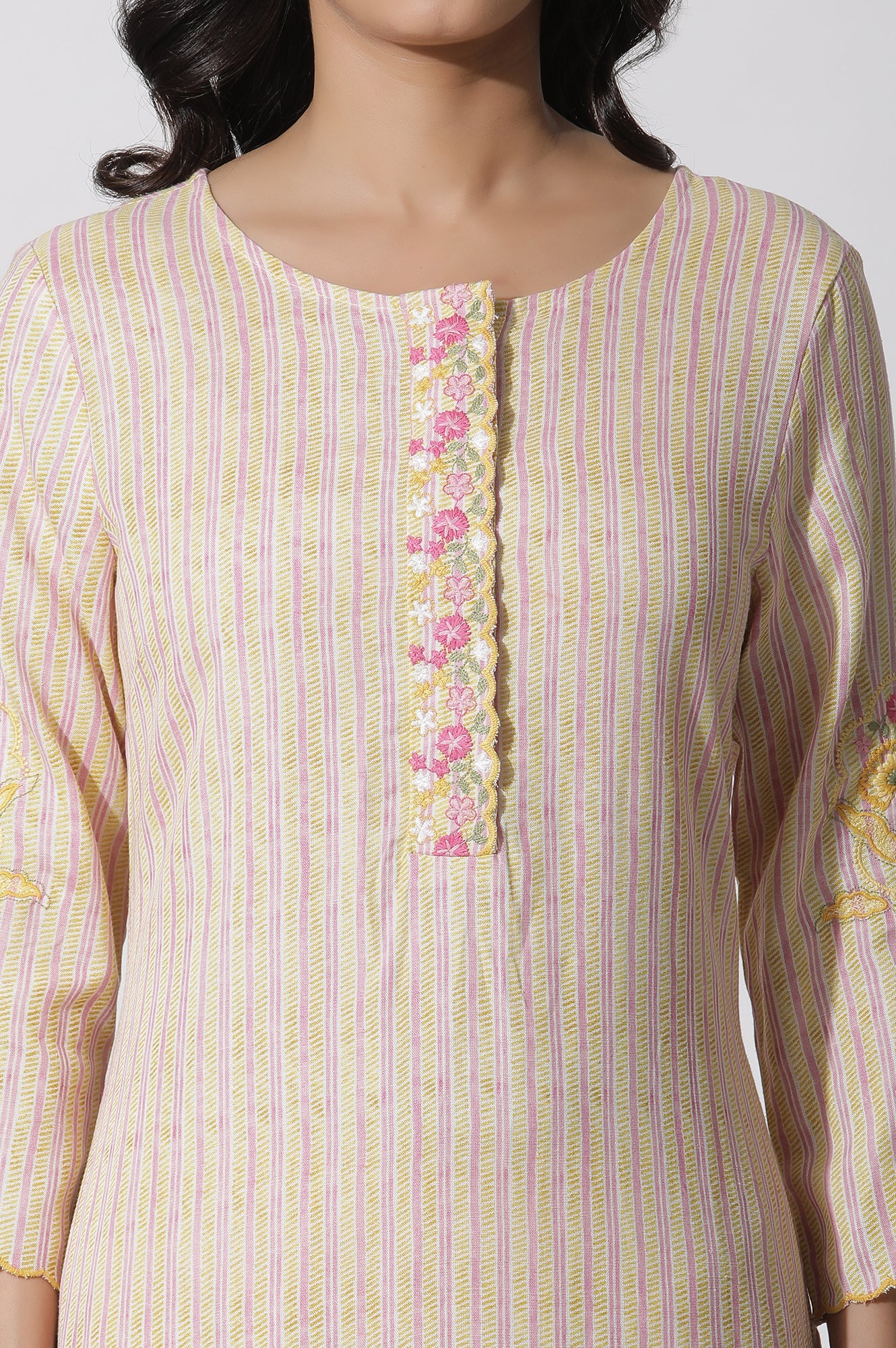 Yellow Striped Embroidered Kurta