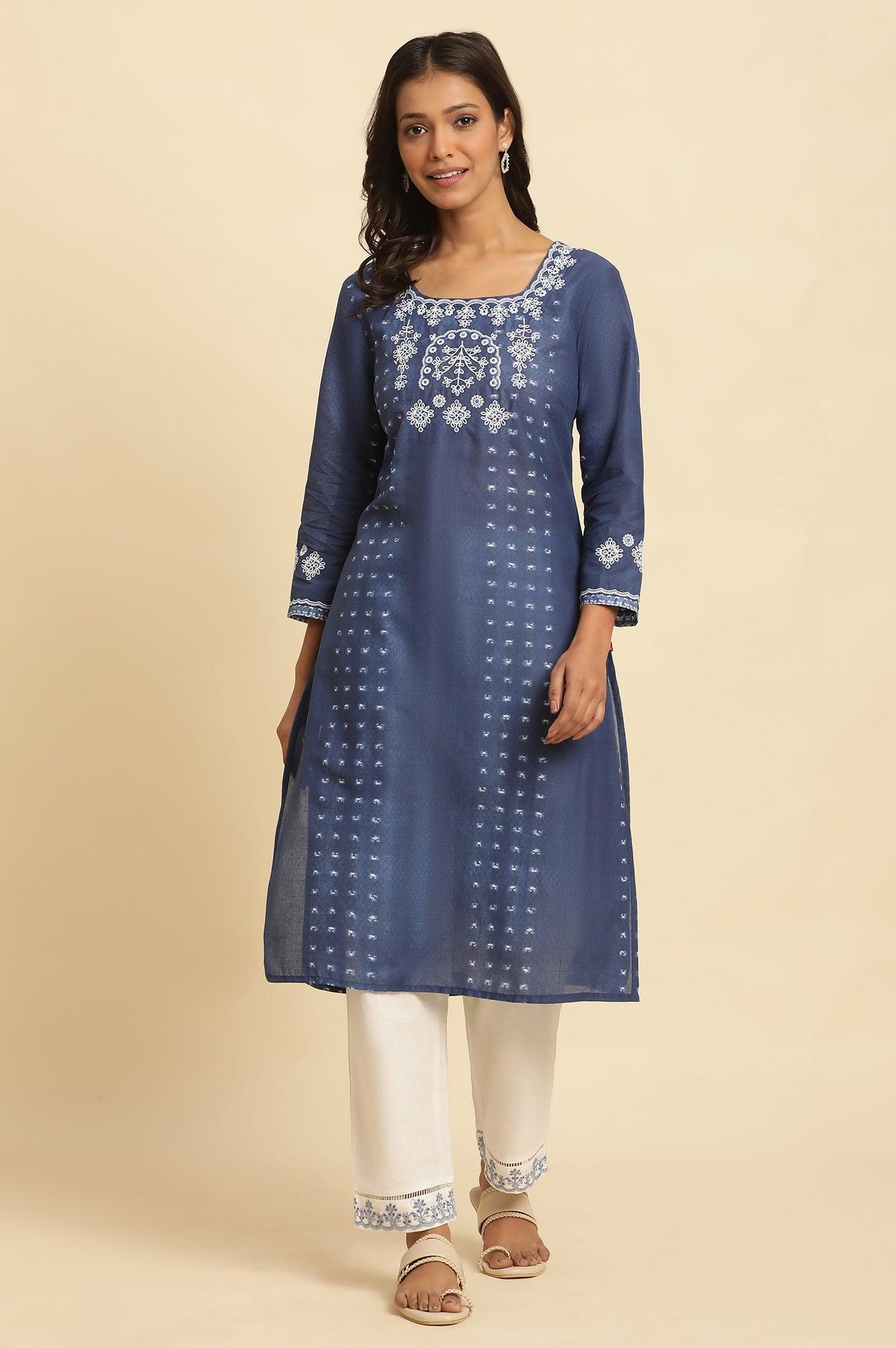 Blue Tie And Dye Printed Kurta With Embroidery - wforwoman
