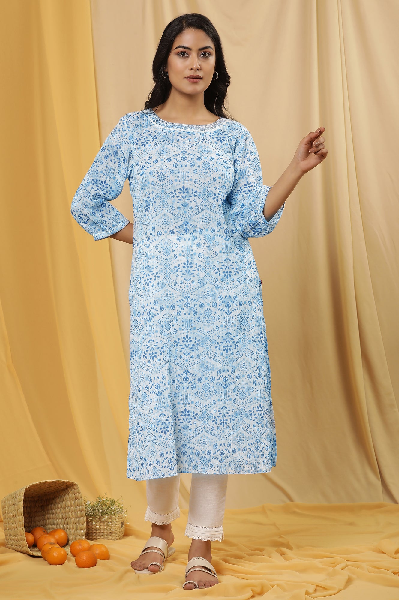 White And Blue Floral Printed Cotton Kurta