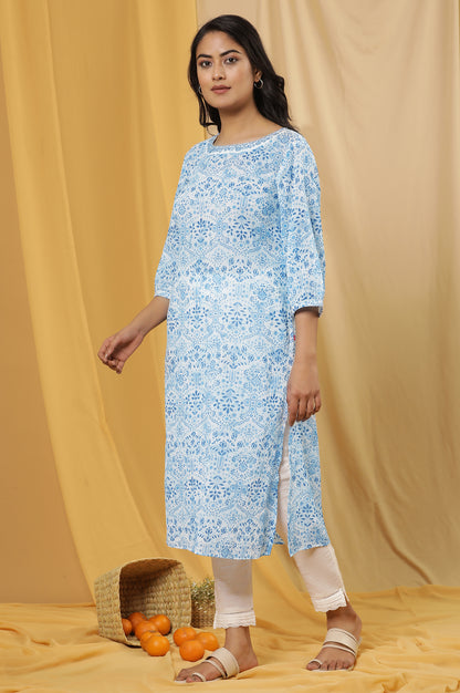 White And Blue Floral Printed Cotton Kurta