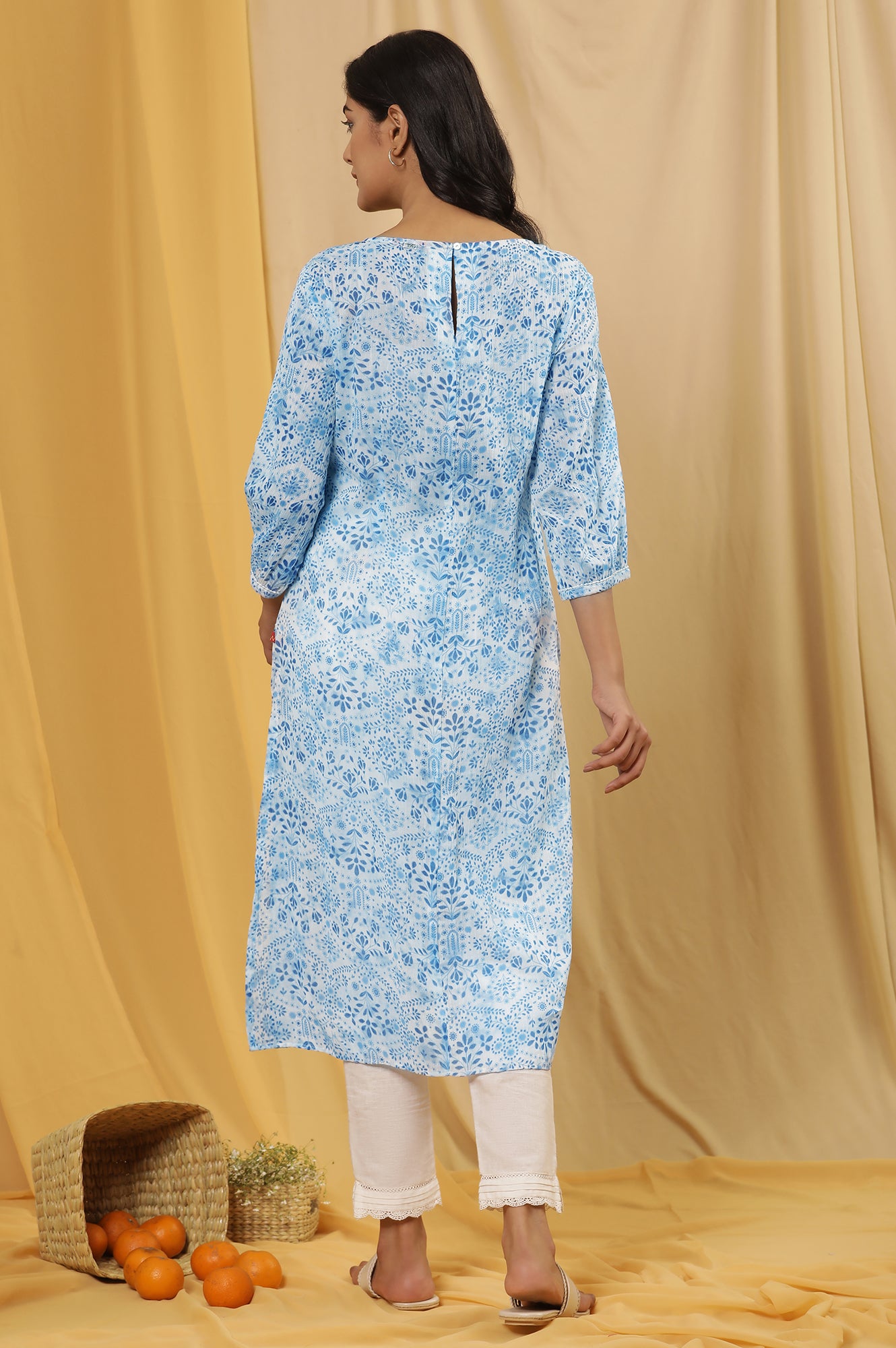 White And Blue Floral Printed Cotton Kurta