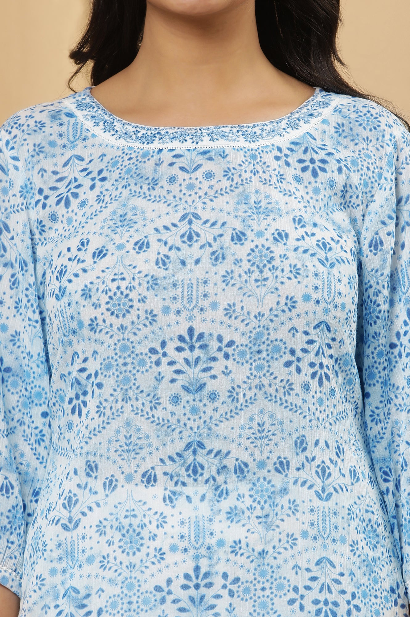 White And Blue Floral Printed Cotton Kurta