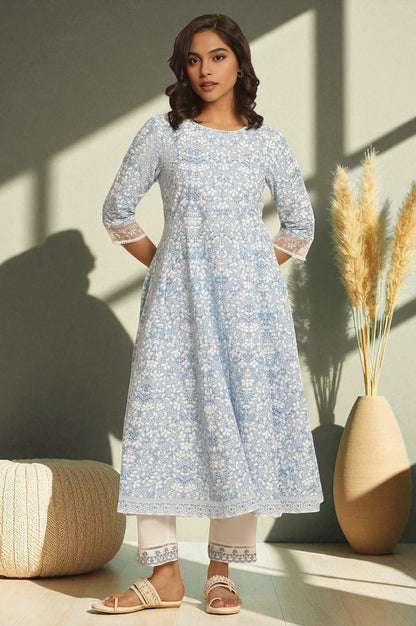 Light Blue Floral Printed Flared Kurta