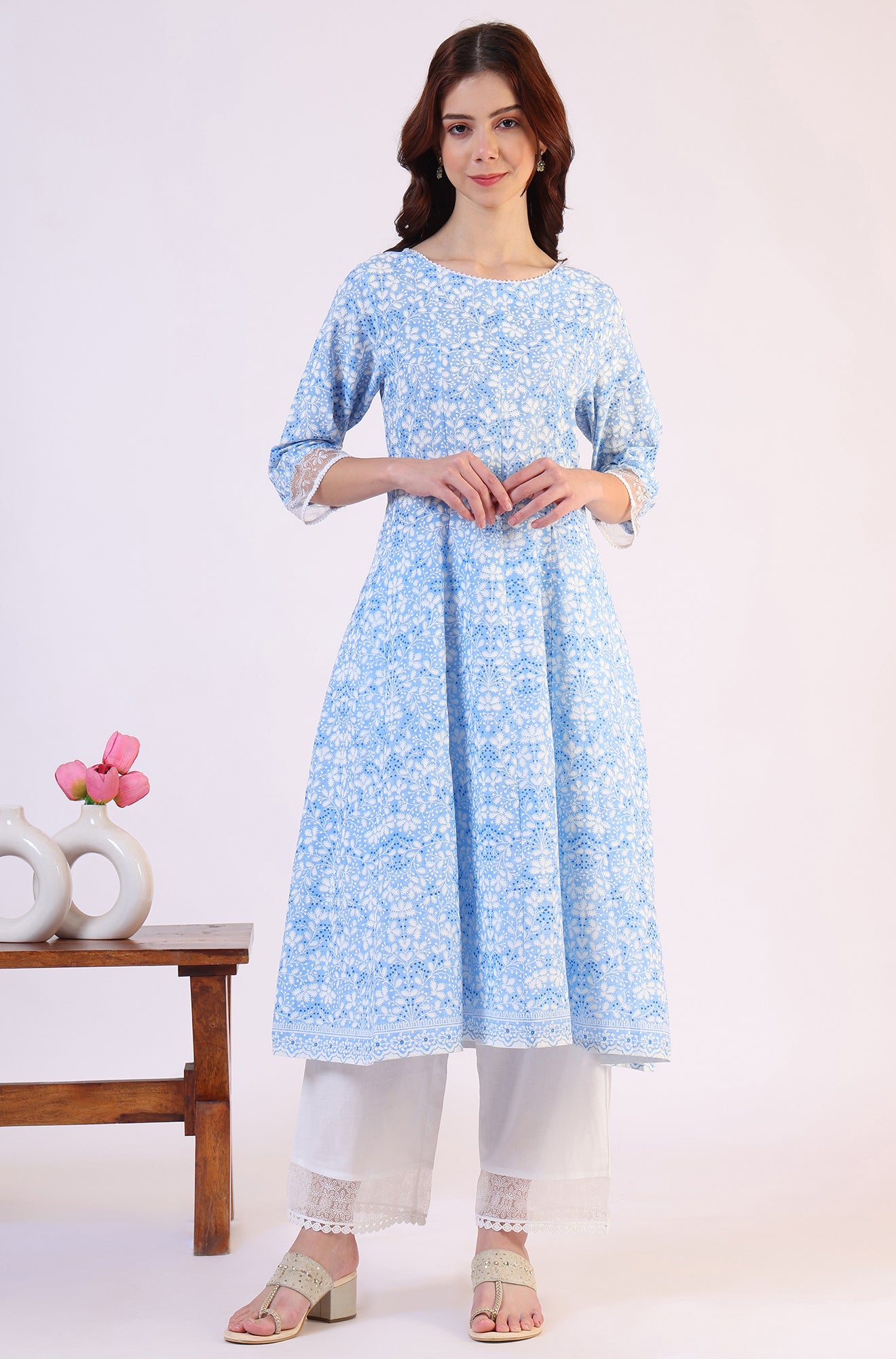 Light Blue Floral Printed Pure Cotton Anarkali Kurta and Straight Pants Set