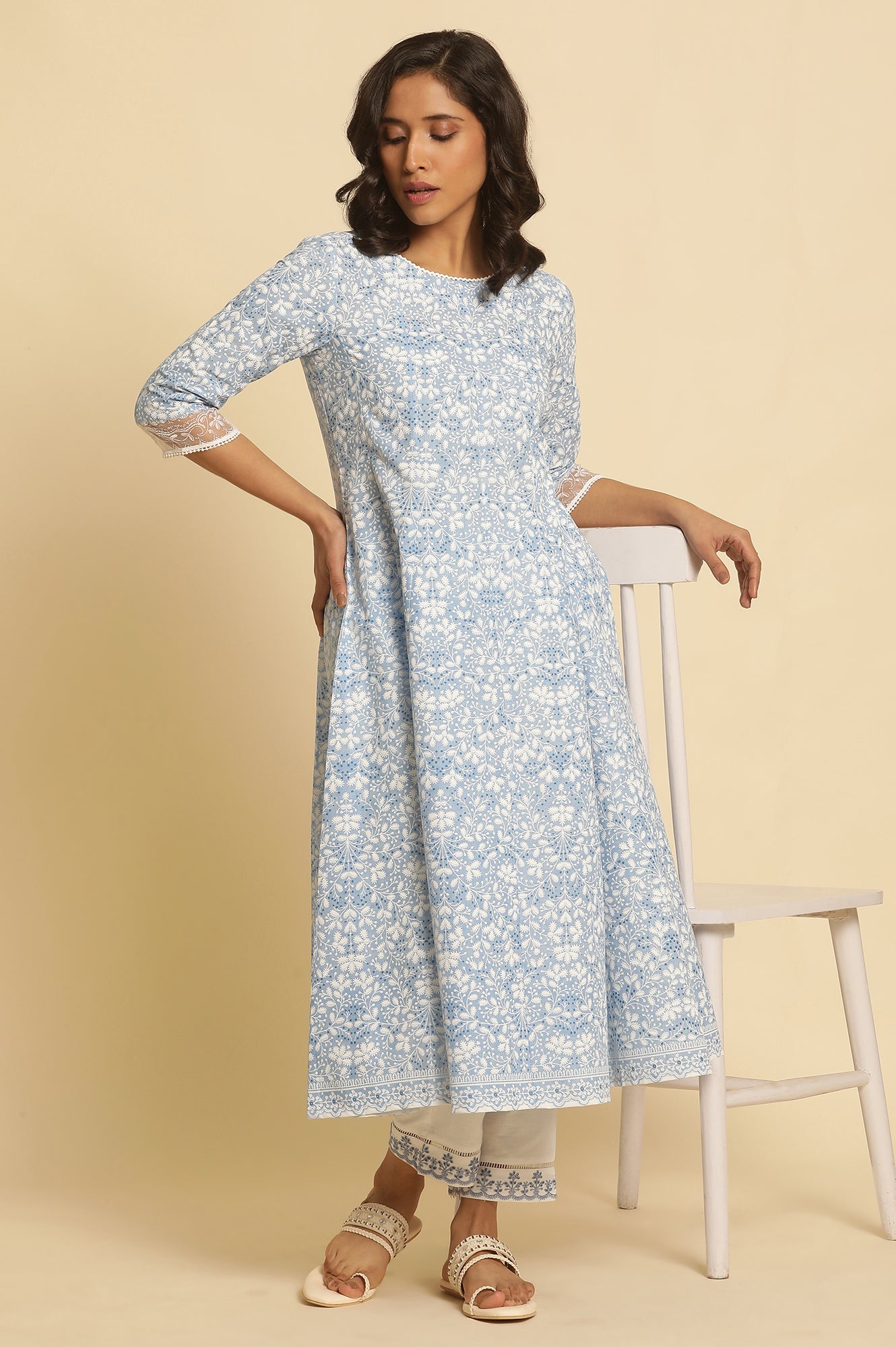 Light Blue Floral Printed Pure Cotton Anarkali Kurta