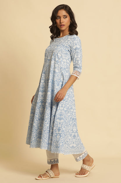 Light Blue Floral Printed Flared Kurta