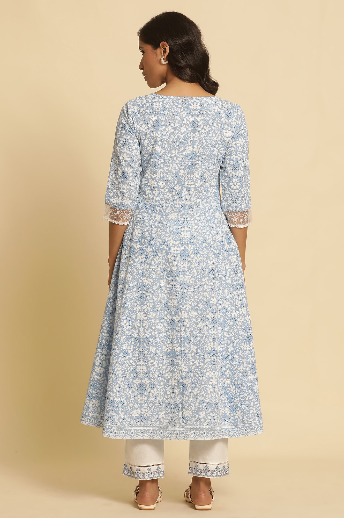 Light Blue Floral Printed Pure Cotton Anarkali Kurta