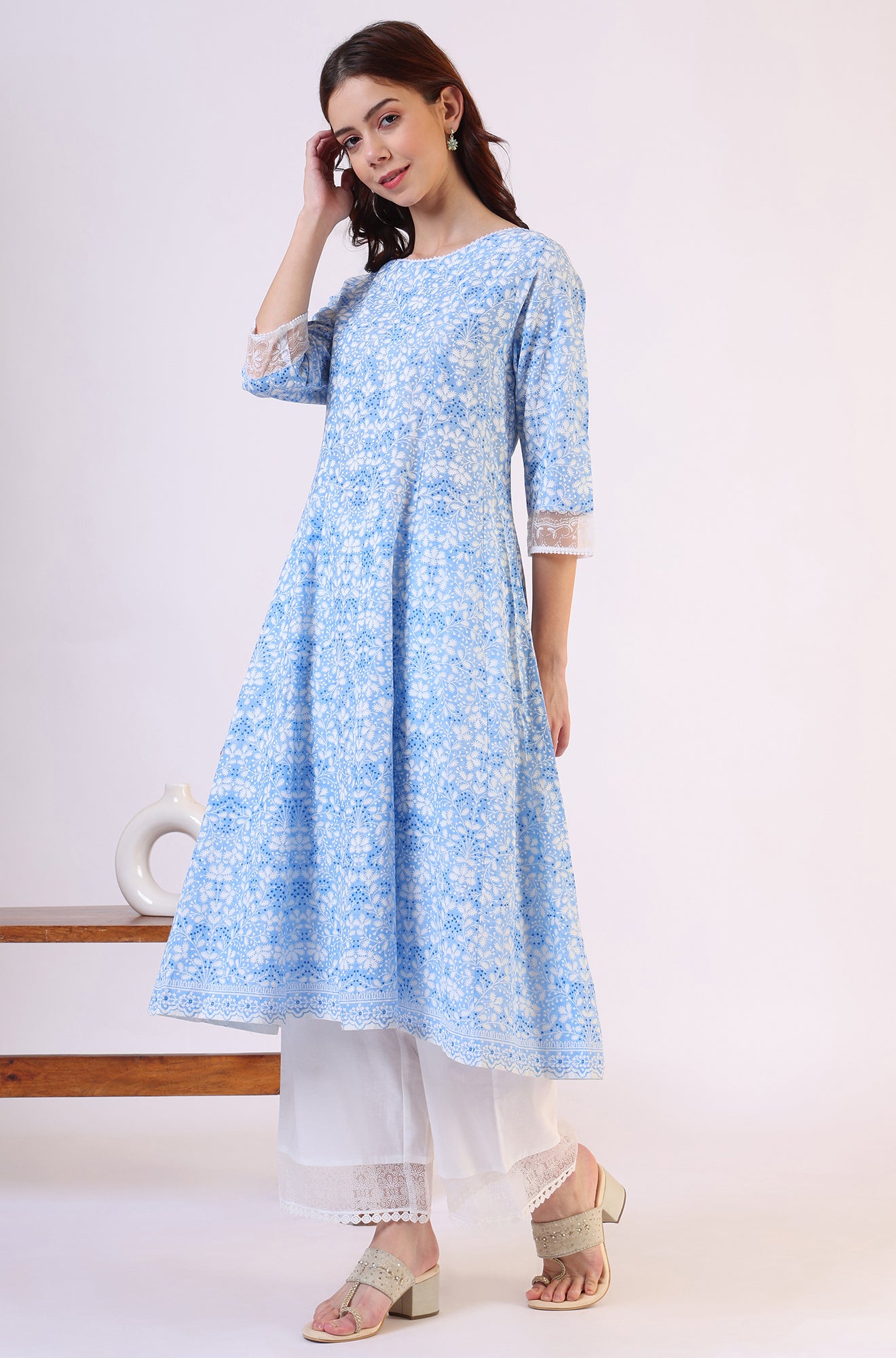Light Blue Floral Printed Pure Cotton Anarkali Kurta and Straight Pants Set