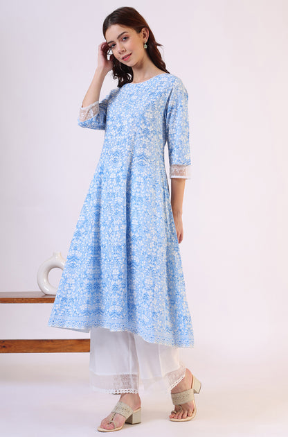 Light Blue Floral Printed Pure Cotton Anarkali Kurta and Straight Pants Set