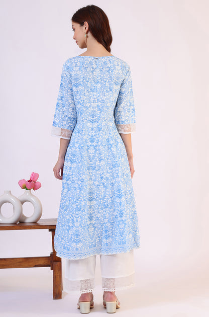 Light Blue Floral Printed Pure Cotton Anarkali Kurta and Straight Pants Set