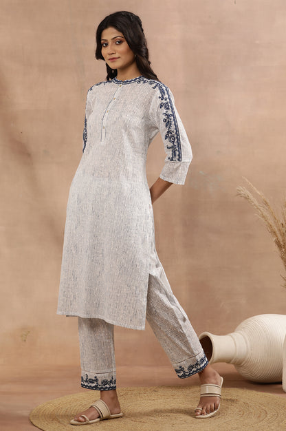 White Cotton Stripe Printed Kurta with Thread Embroidery