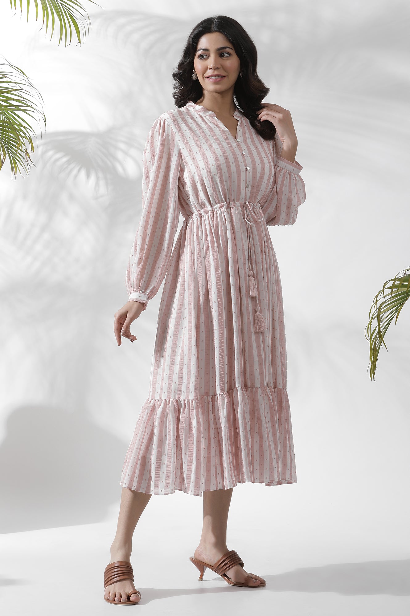 White And Pink Striped Frill Dress