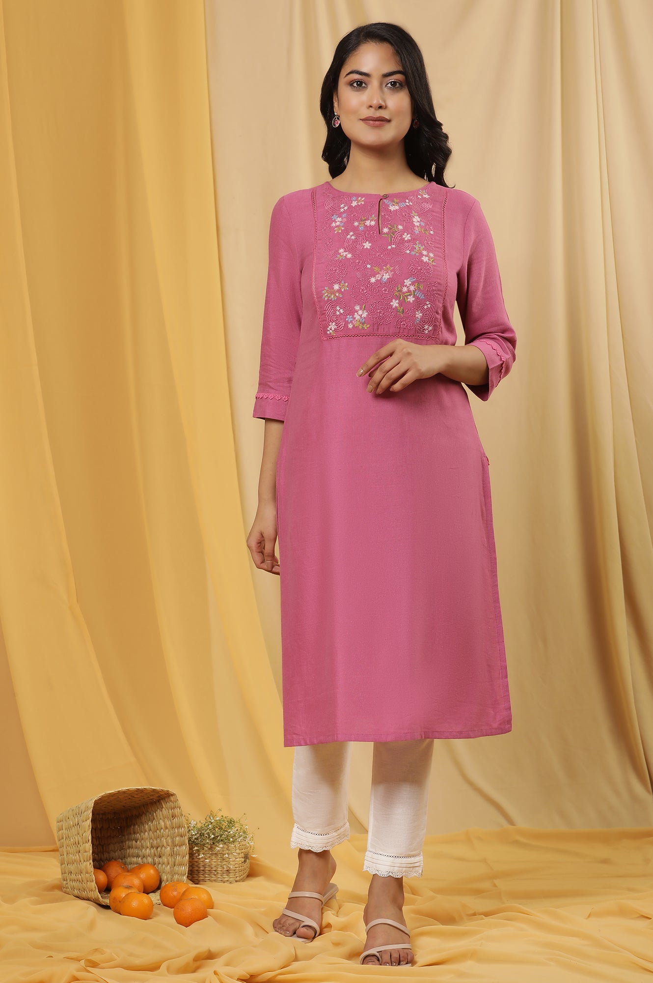 Pink Floral Embroidered Yoke Kurta