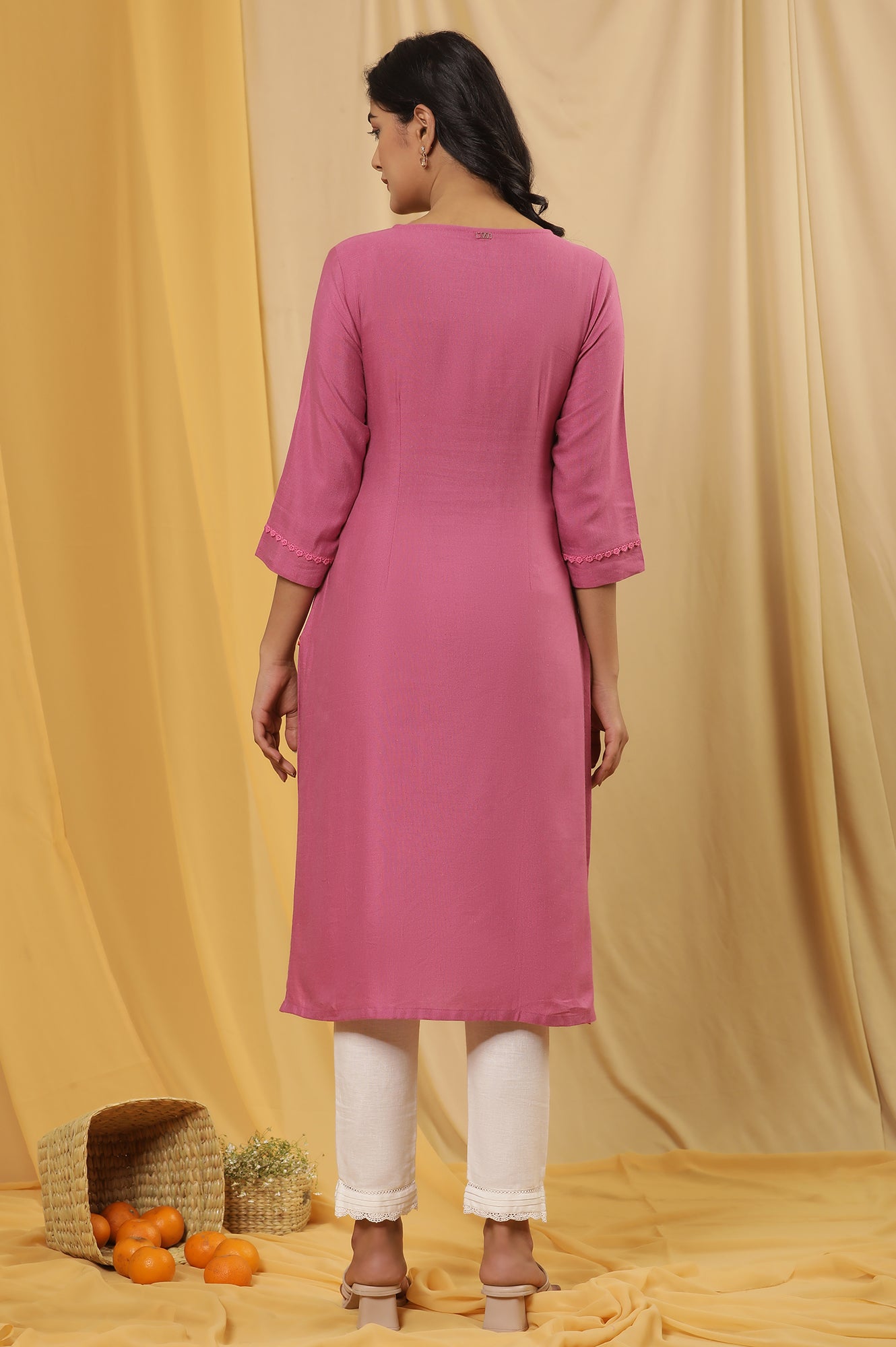 Pink Floral Embroidered Yoke Kurta