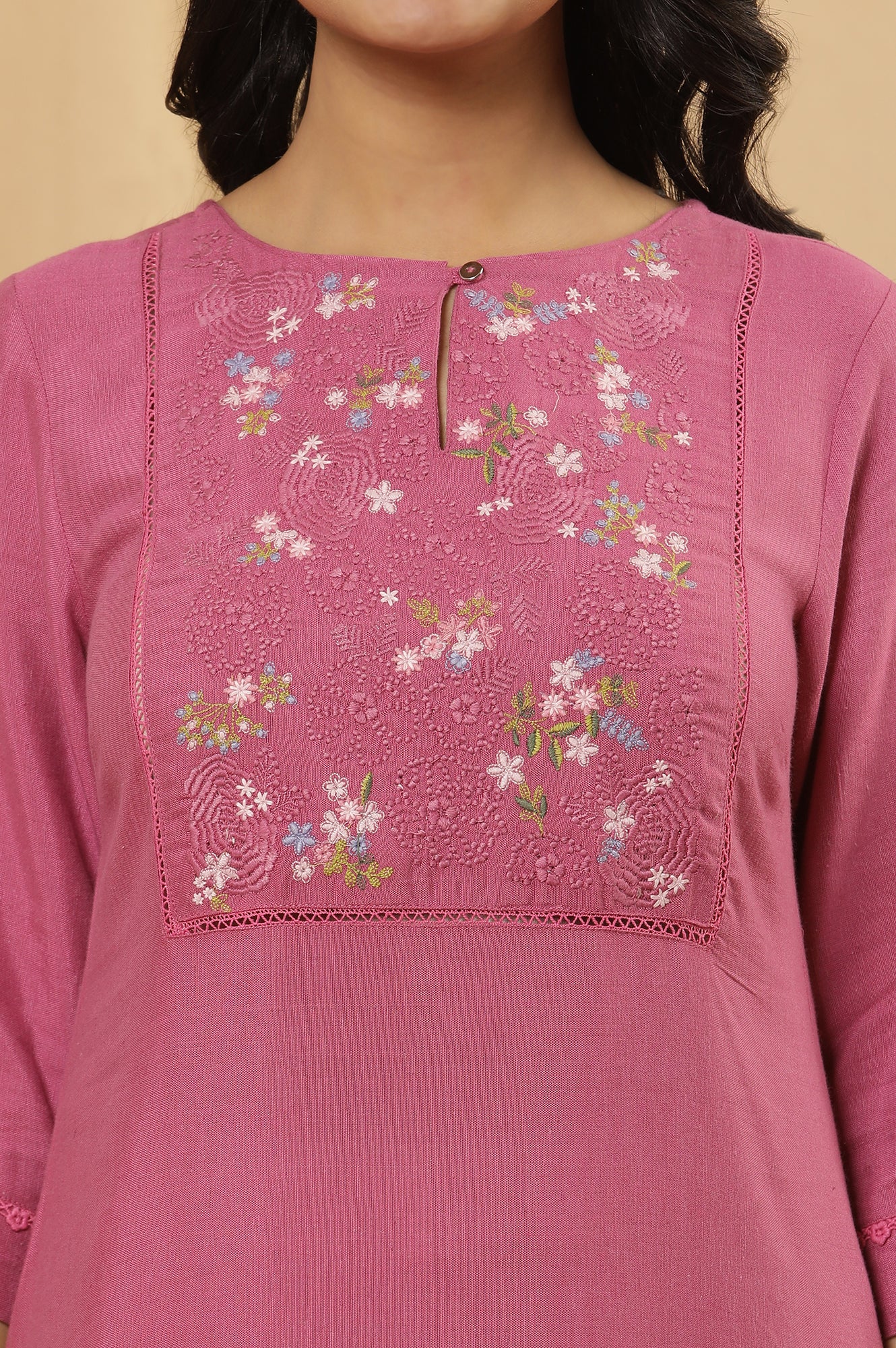 Pink Floral Embroidered Yoke Kurta