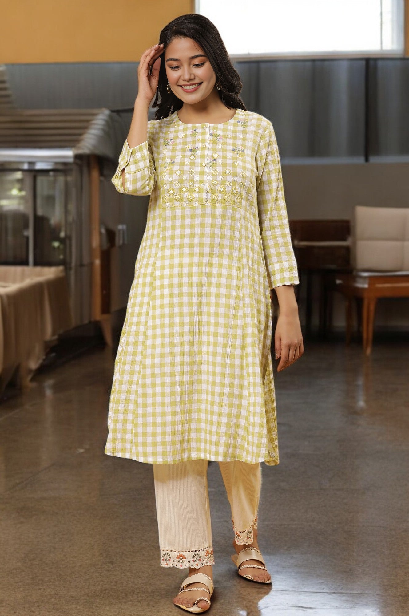 White And Celery Green A-Line Cotton Checker Kurta