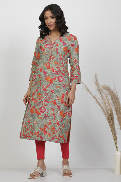 Green Cotton Floral Printed Kurta