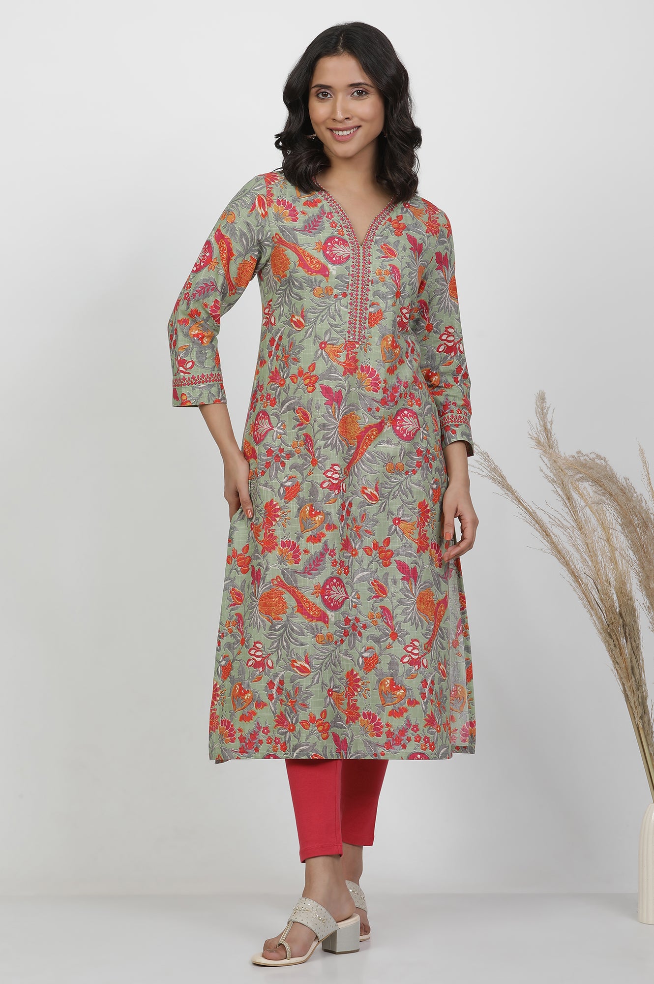 Green Cotton Floral Printed Kurta