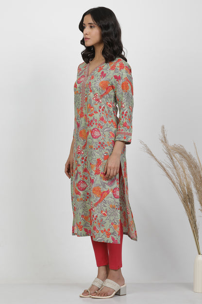 Green Cotton Floral Printed Kurta