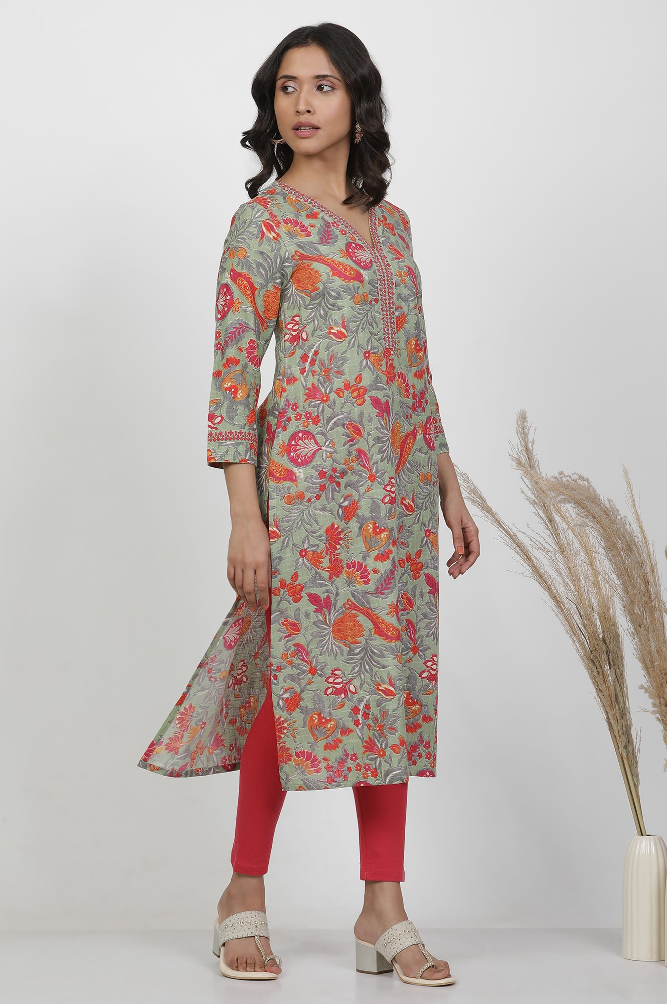 Green Cotton Floral Printed Kurta