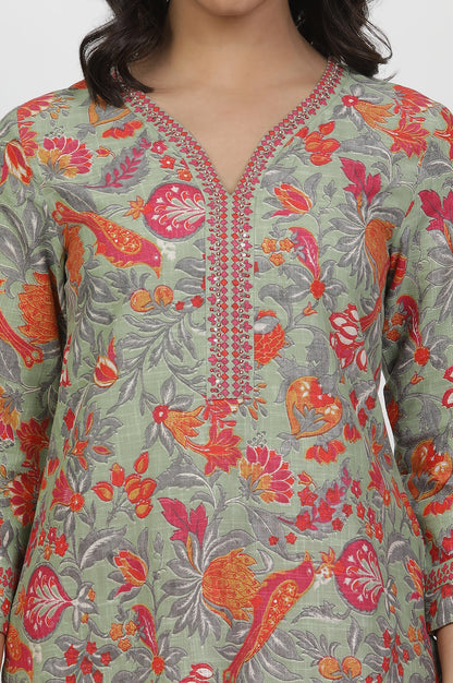 Green Cotton Floral Printed Kurta