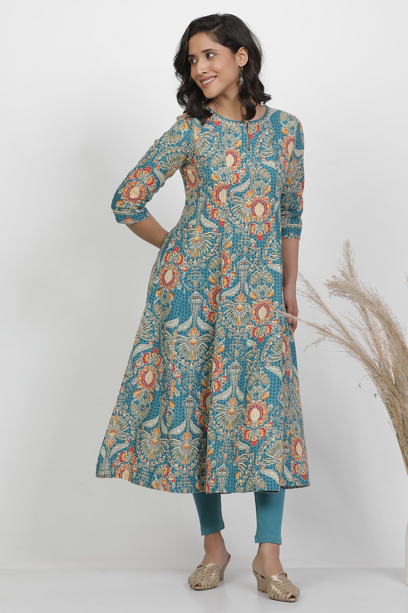 Aqua Blue Floral Printed Flared Kurta