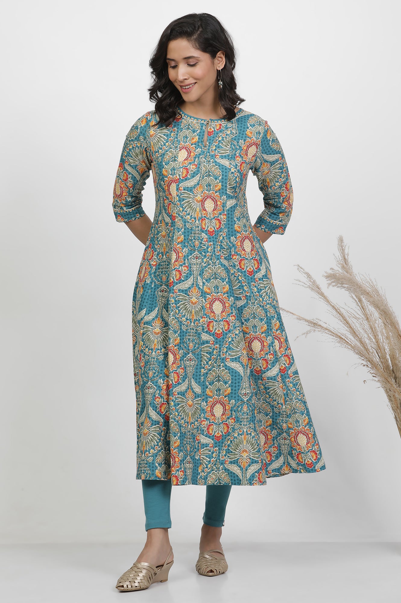 Aqua Blue Floral Printed Flared Kurta