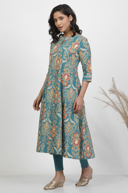 Aqua Blue Floral Printed Flared Kurta