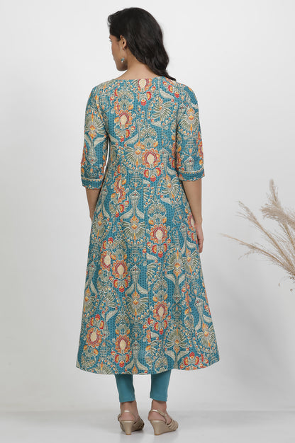 Aqua Blue Floral Printed Flared Kurta