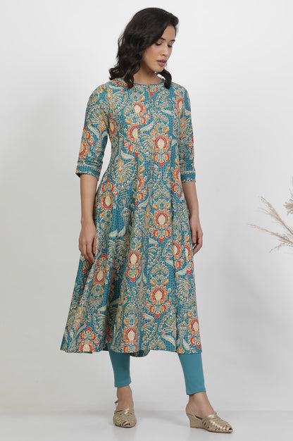 Aqua Blue Floral Printed Flared Kurta