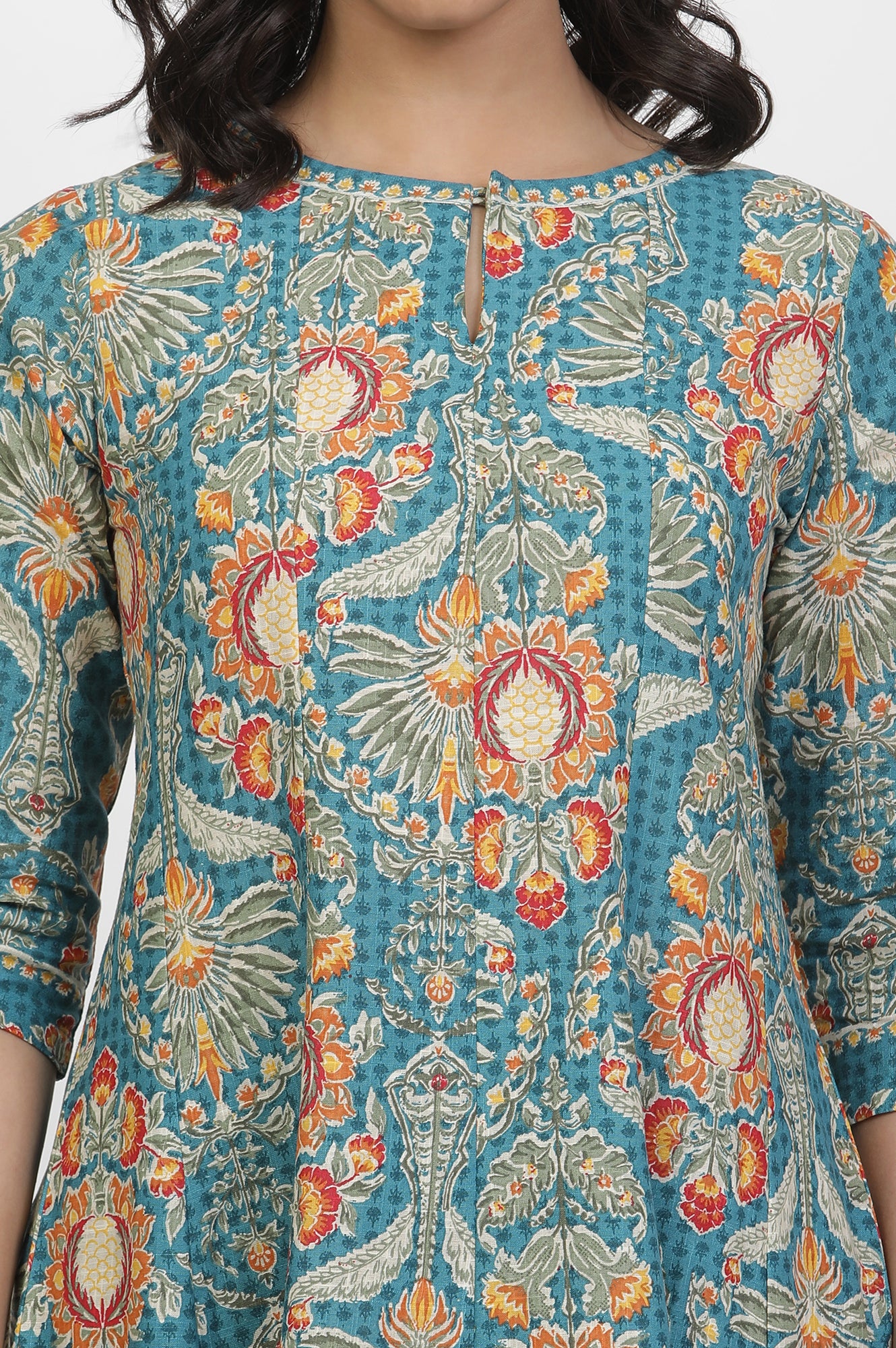 Aqua Blue Floral Printed Flared Kurta