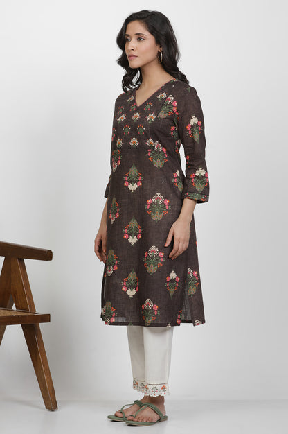 Brown Floral Printed Cotton Kurta