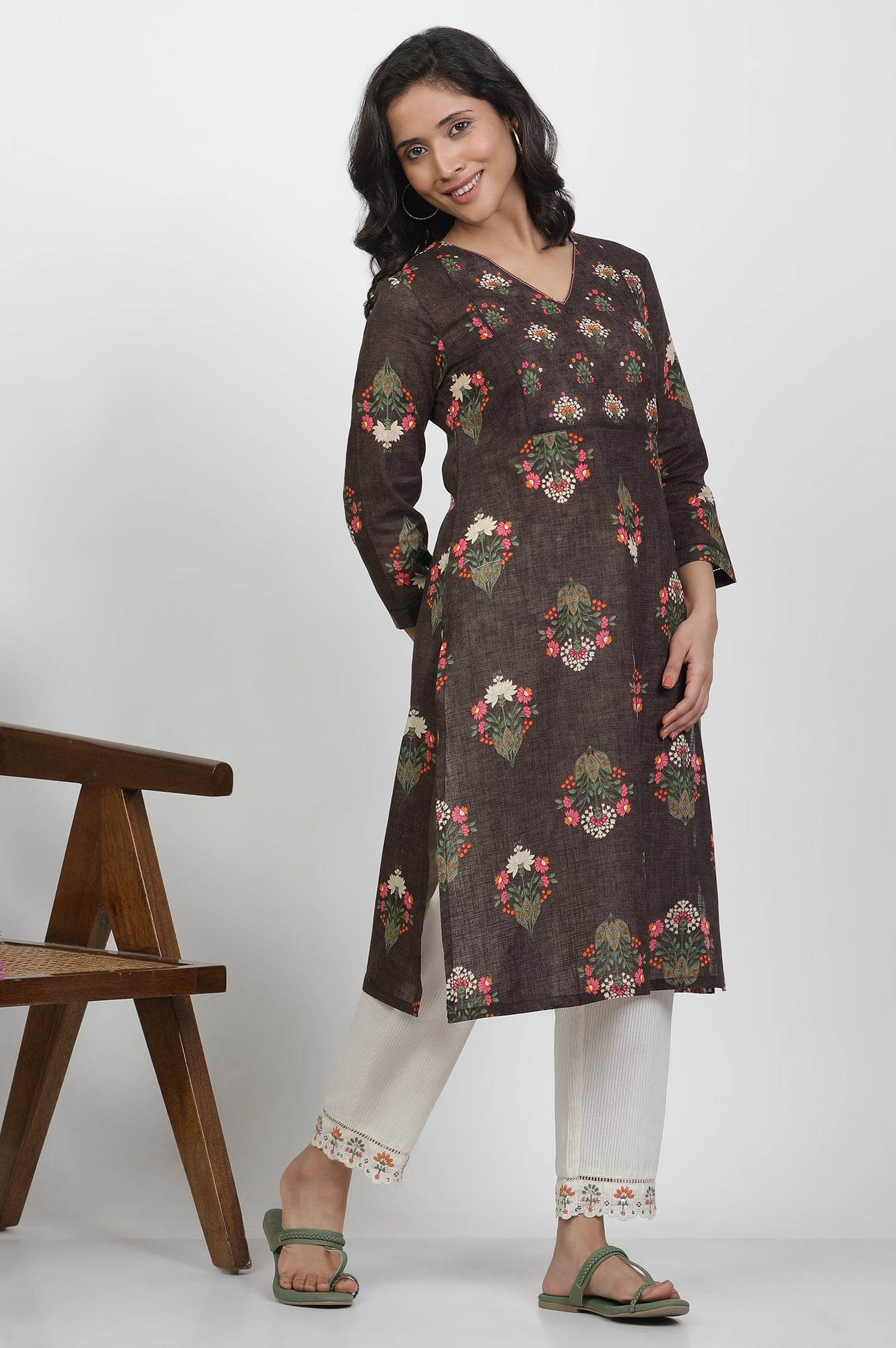 Brown Floral Printed Cotton Kurta