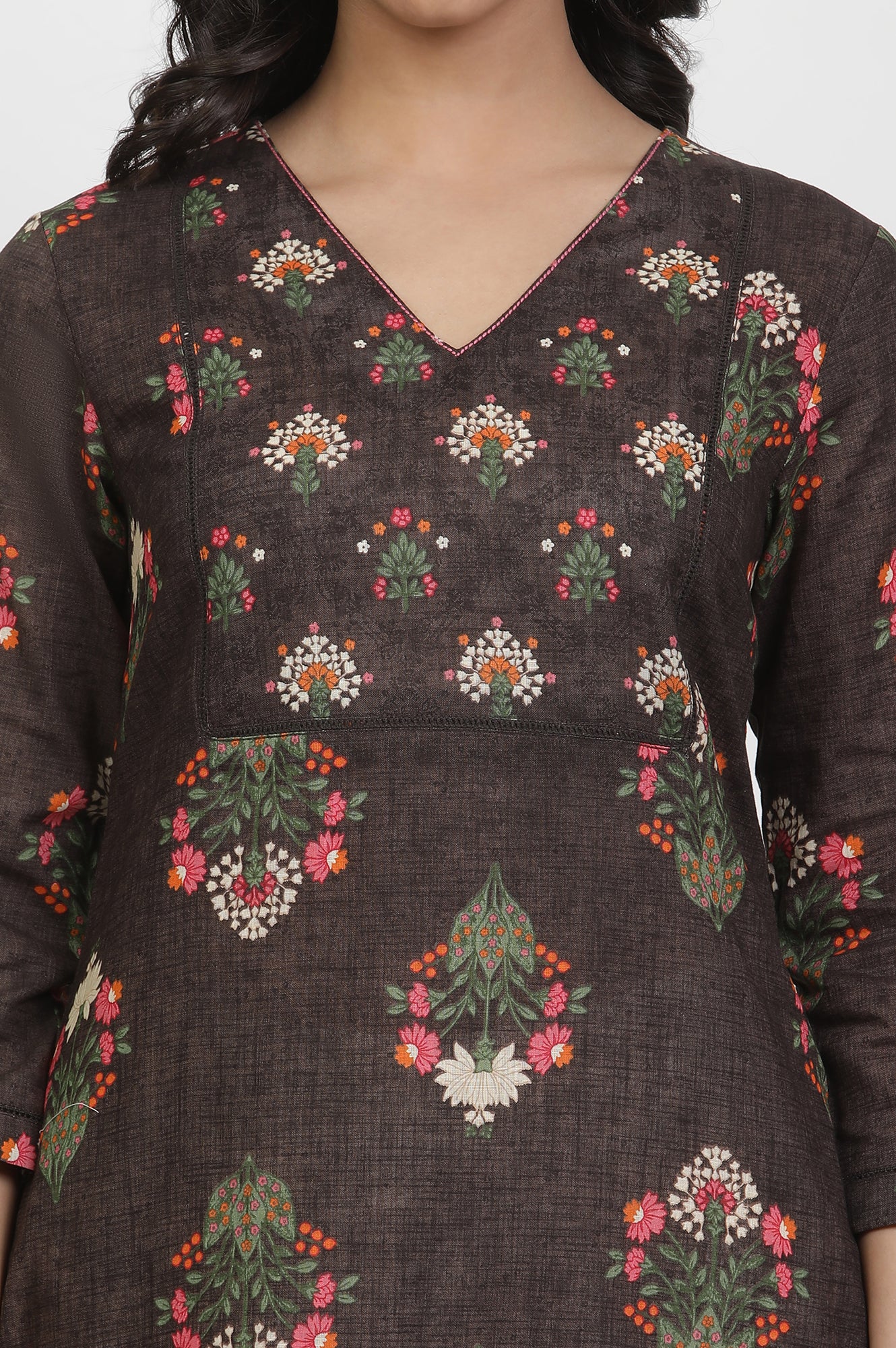 Brown Floral Printed Cotton Kurta