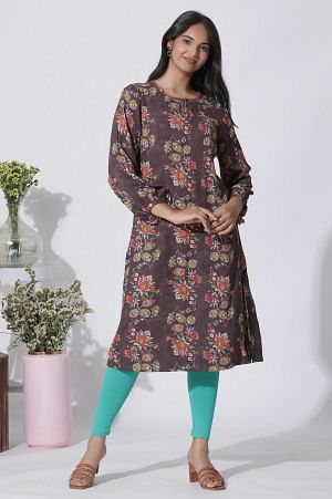 Dark Brown Floral Printed Straight Kurta