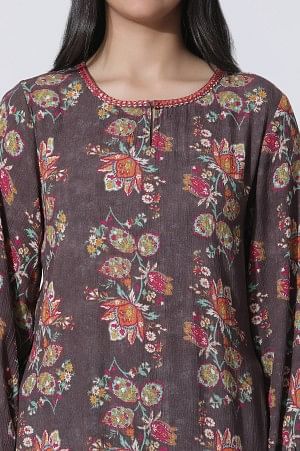 Dark Brown Floral Printed Straight Kurta