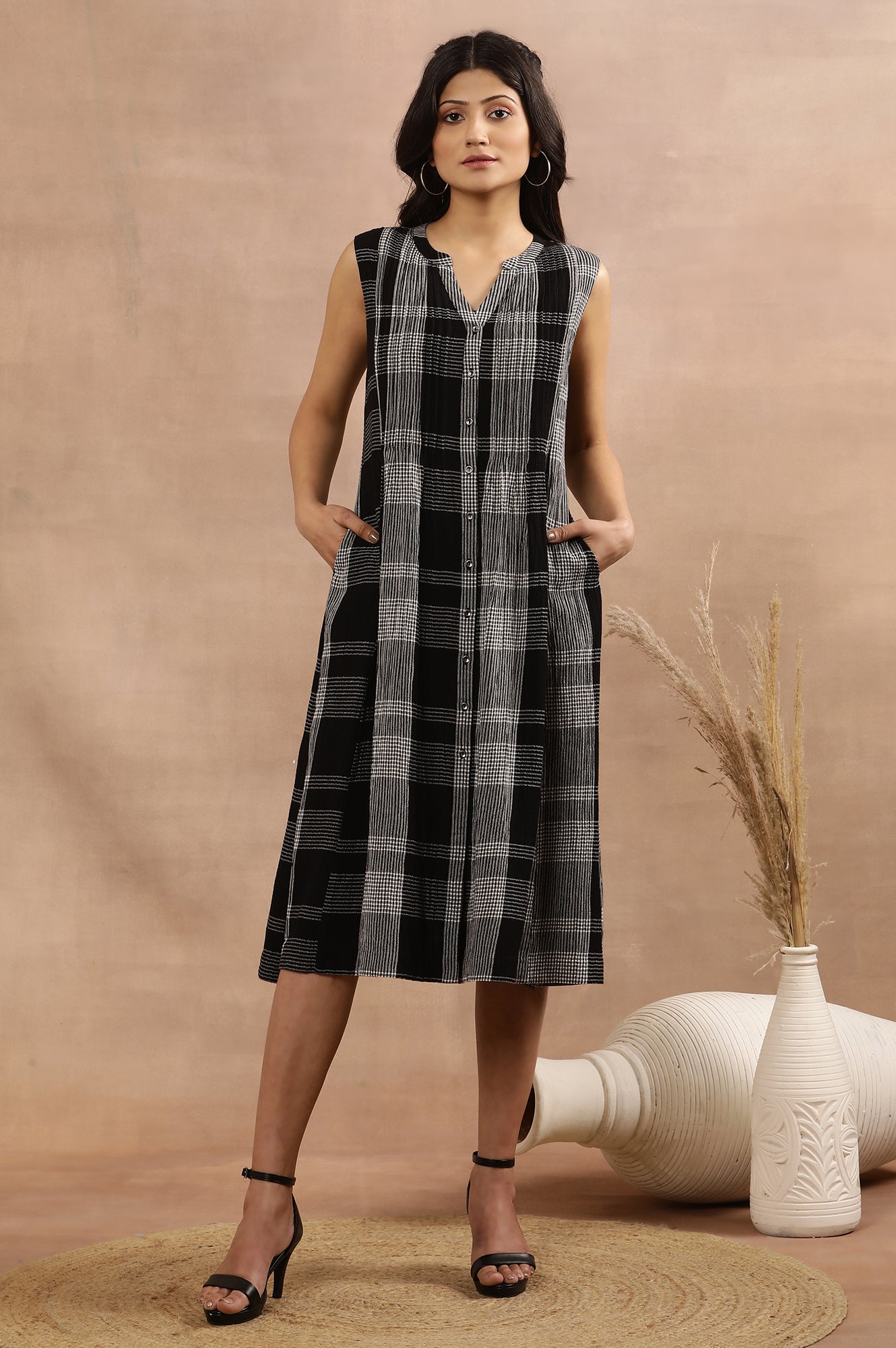 Black Checker Sleeveless Western Dress