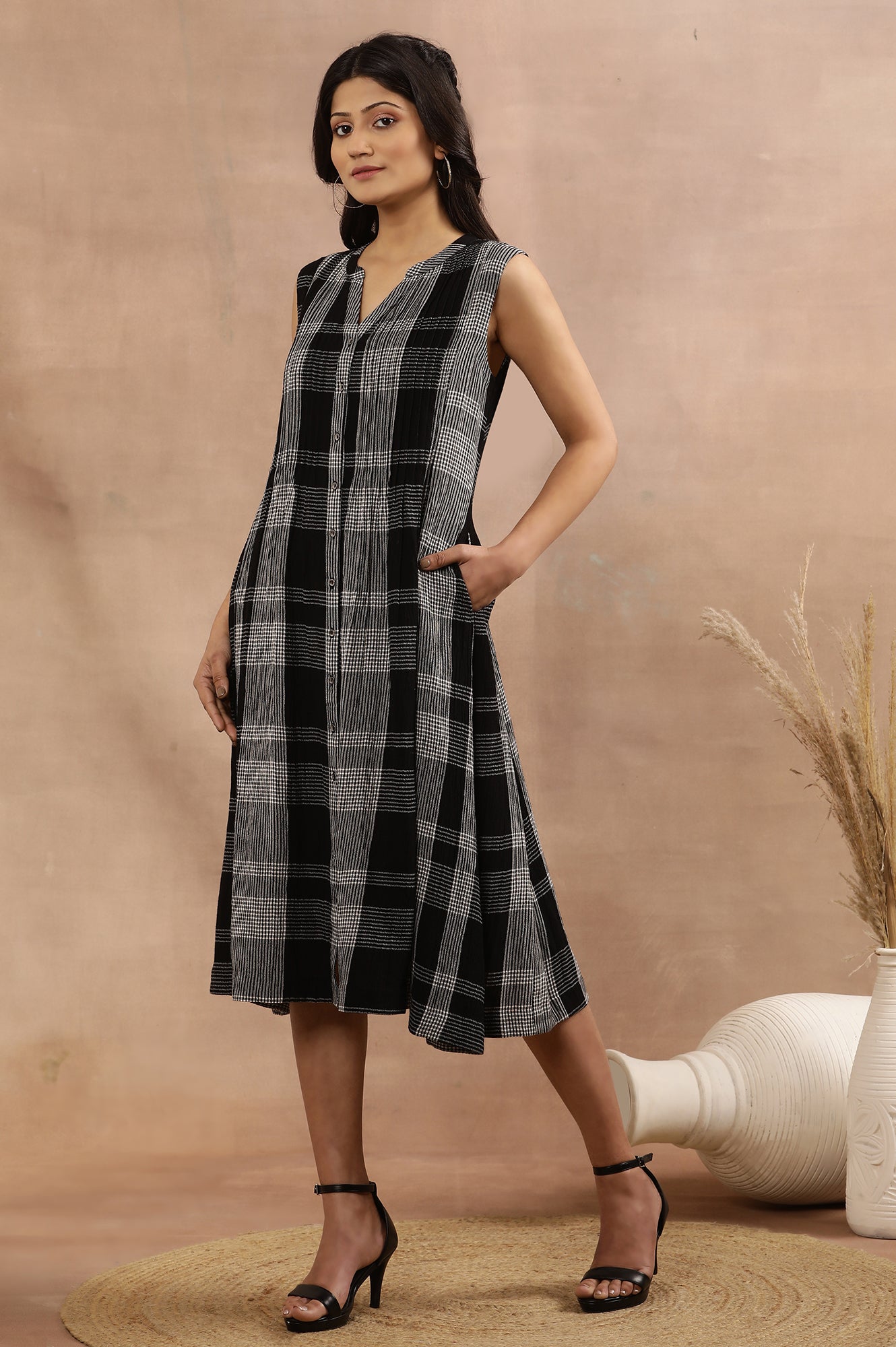 Black Checker Sleeveless Western Dress