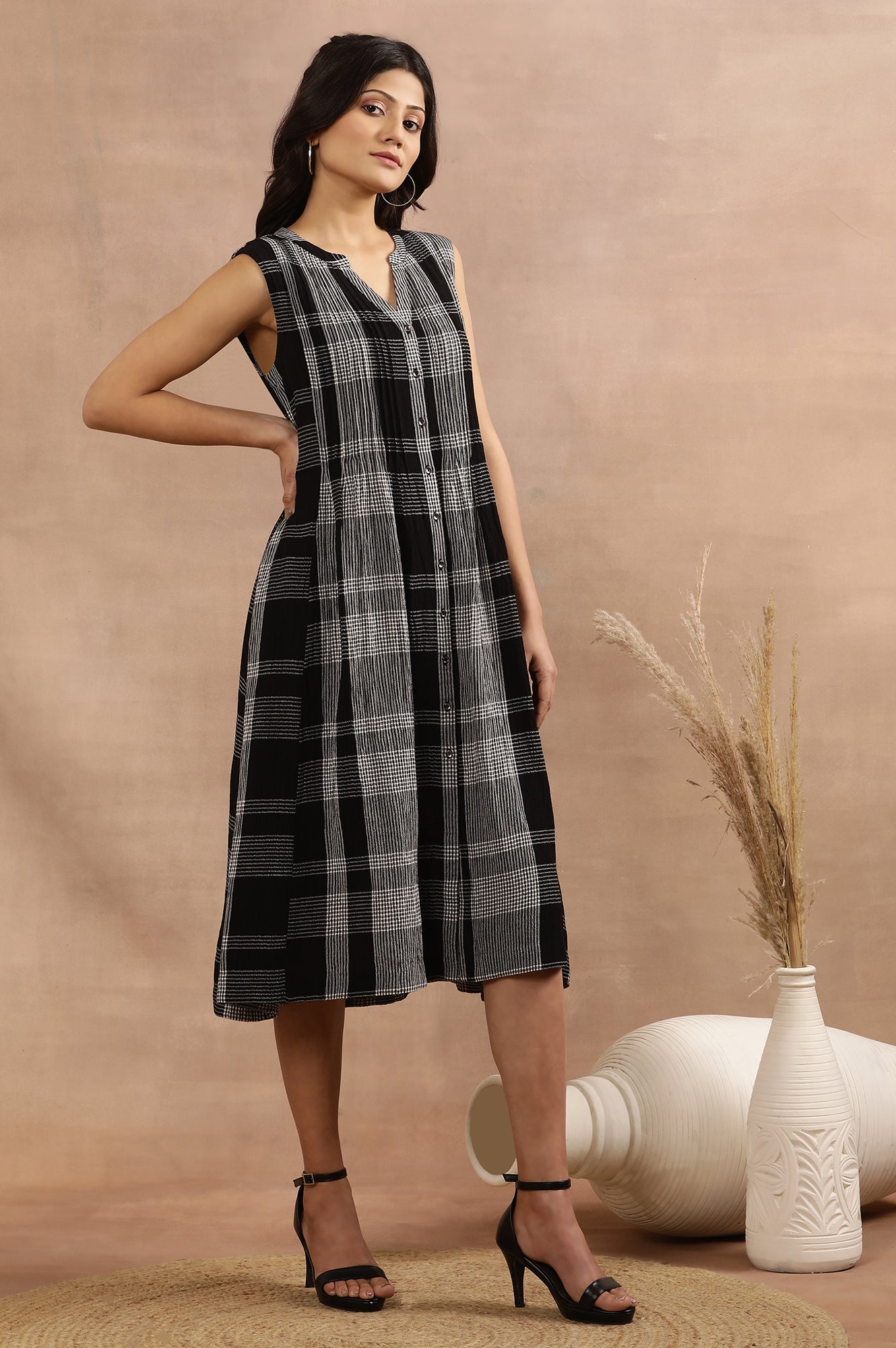 Black Checker Sleeveless Western Dress